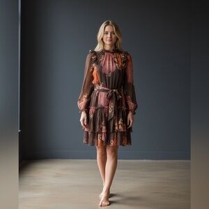Unsubscribed Floral Tiered Silk Long-Sleeve Dress in Brown and Pink